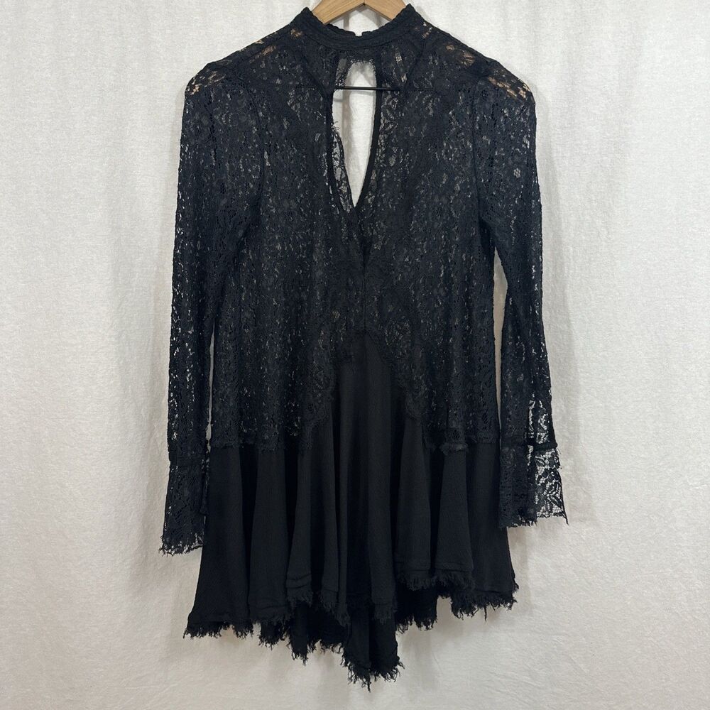 Free People Tell Tale Black Lace Tunic Mini Dress Womens Sz XS Boho Whimsy Rodeo